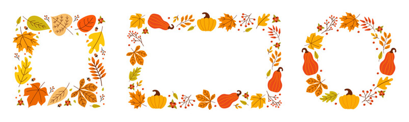 Season set frames of autumn leaves, pumpkins, flowers and branches. Harvest Festival. Vector illustration