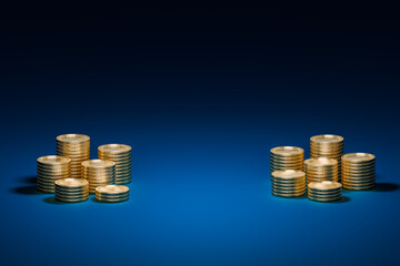 The coins are arranged in groups and leave space in the middle.