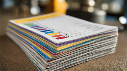 Colorful checklist card stack paper document task list office desk organization planning tool closeup horizontal layout calm focus