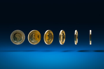 Gold coins rotating in different positions. 3D render.