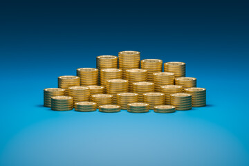 The 3D coins are arranged in groups on blue background