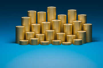 The 3D coins are arranged in groups on blue background