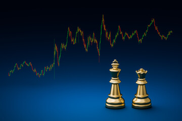Stock chart on blue background with arrow pointing up meaning of financial trading. Chess represents corporate leaders and stock charts on laptop screens represent finance.