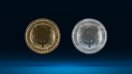 Front single gold coin and single silver coin. Money finance concept.