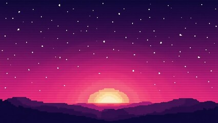 Obraz premium Pixel Art Sunset Scene: Night Sky with Stars over Mountain Silhouette
