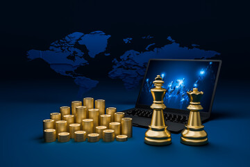 Chess, laptop and world map Chess represents corporate leaders and stock charts on laptop screens represent finance.