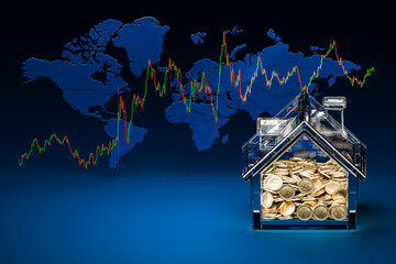 Stock chart, world map, calculator and bank coin All of them convey the meaning of investing, saving and trading in the stock market.