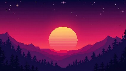 Obraz premium Pixel Art Sunset over Mountains with Trees and Stars, Retro Aesthetic