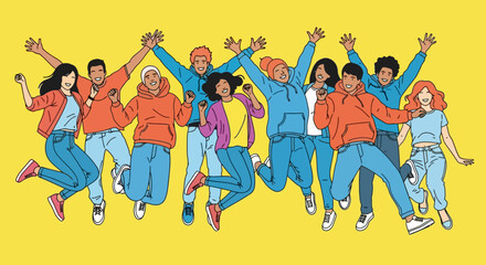 People are jumping with joyful expressions. A character with an outline of young adults in casual fashion. flat design style minimal vector illustration.