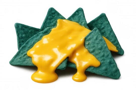 Green corn tortilla chips are covered with delicious melted cheese sauce on a transparent background - Powered by Adobe