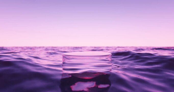 Glass podium on wave beach and sunset sky abstract background. Copy space for product presentation. 3d render.	
