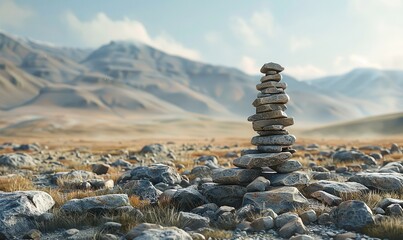 Obraz premium Stone Cairn in Arid Mountain Landscape