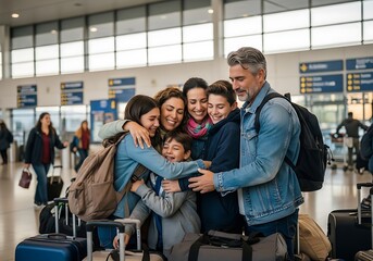 Naklejka premium Happy Family Reunion at Airport, Hugs and Smiles, Travel Joy.