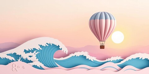 Fototapeta premium Pastel paper cut hot air balloon over sea wave landscape, summer sun , paper cut, happy