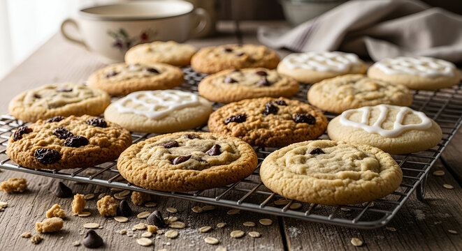 Assortment of freshly baked cookies cooling on a wire rack