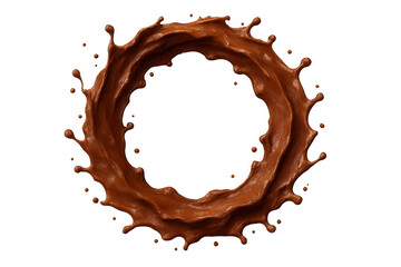 Chocolate liquid splashing, forming circular frame with rich brown tones against transparent backdrop, highlighting dynamic culinary texture