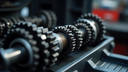 Naklejka premium Close-up of Gears and Shafts Arranged on a Table in a Workshop