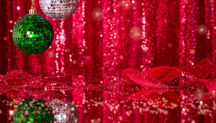 Elegant red ribbon lies gracefully on a reflective surface, with scattered glitter and bokeh light effects creating a glamorous and festive atmosphere. ai generative