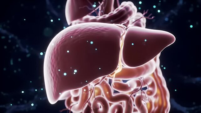 Detailed 3D Animation of Human Liver and Digestive System with Shimmering Lights on Dark Blue Backdrop Emphasizing Detoxification Metabolism and Nutrient Storage for Medical Education