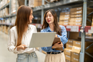 Female engineers team discussing inventory in warehouse logistics and supply chain planning, operation management, data analysis, warehouse shipping, inventory tracking, optimization and technology