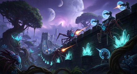 Intergalactic Conflict: A dramatic sci-fi illustration showcasing an intense battle on an alien planet, where futuristic soldiers confront robotic spiders amid a surreal.