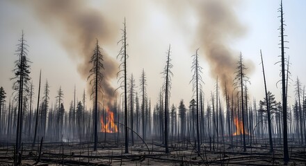 Obraz premium Devastating wildfire engulfs a forest of skeletal pine trees, sending thick plumes of smoke into the hazy, apocalyptic sky - Generative AI
