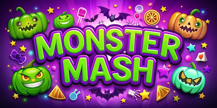 Fun and colorful monster mash Halloween title with cartoon pumpkins, bats, candy, and stars, ideal for party invitations and decorations.