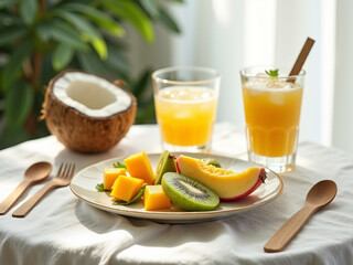 Fototapeta premium Bright Still Life with Tropical Fruit and Refreshing Juice Beverage