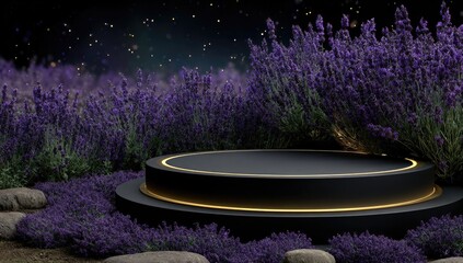 Black circular podium amidst lavender field at night