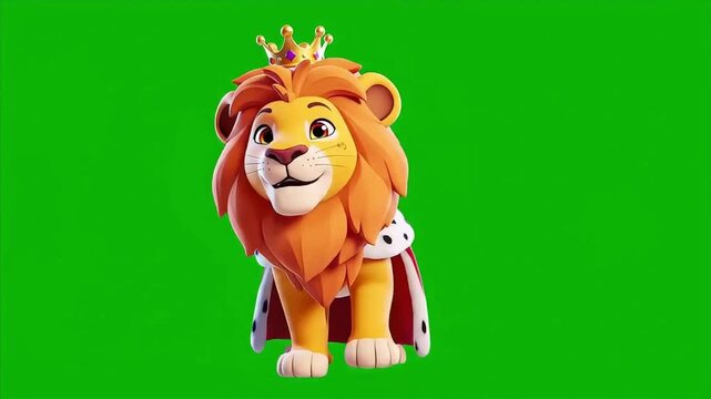 Cartoon lion wearing a crown and cape on green screen