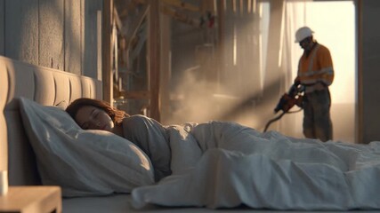 Dream Disturbance: A sleeping person lies undisturbed on a soft, inviting bed as construction worker diligently works in the background, signifying a clash of tranquility and disruption.