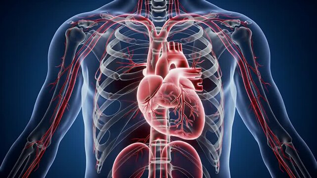 Detailed 3D Medical Animation of Human Torso Cardiovascular System Arteries Veins and Skeleton on Deep Blue Background Perfect for Medical Education and Healthcare Promotions
