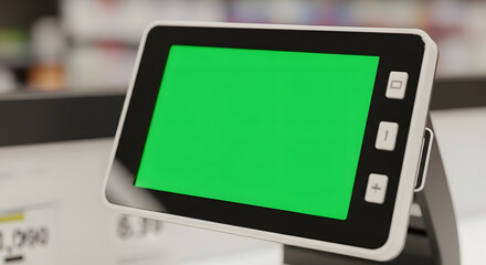 Small electronic display with a green chroma key screen on a stand, perfect for product information mockups in a retail environment