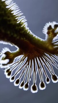 Microscopic view showcasing multiple fern sporangia undergoing spore dispersal, revealing intricate details of their structure and reproductive mechanism against a softly illuminated backdrop