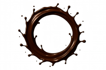 Liquid chocolate swirling, forming circular pattern with dynamic splash against transparent backdrop, highlighting rich cocoa texture