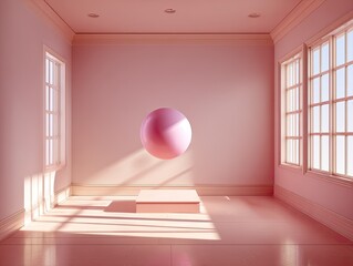 Pink room with floating sphere and podium. Sunlight streams in