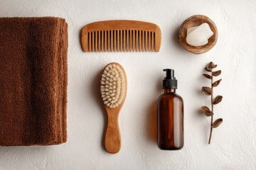 Natural bathroom essentials on a white surface.  Brown towel, wooden comb, brush, lotion bottle, and small bowl with soap.  Dried plant sprig