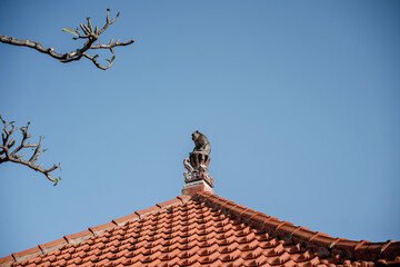A lone macaque monkey sits peacefully on a traditional red-tiled rooftop against a vast, clear blue sky. Ample copy space for text.
