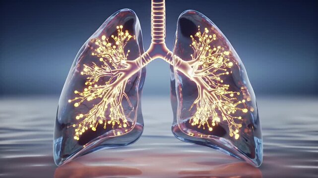 Detailed 3D Rendering of Human Lungs Displaying Bronchial Tree Against Rippling Water Surface Reflecting Soft Blue Gradient Background Symbolizing Pulmonary Health and Respiratory Anatomy