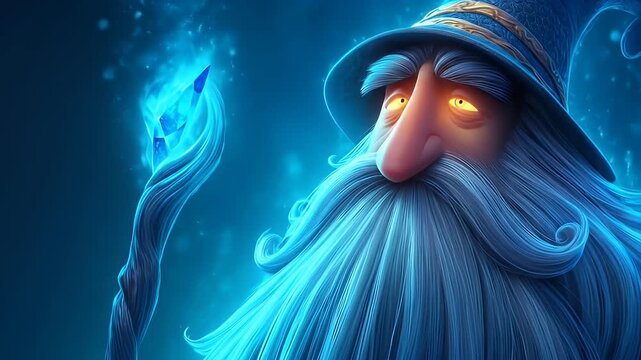A powerful wizard with a luminous staff stands out against a dark backdrop.