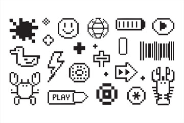 Retro 8bit icons pack including duck lobster donut battery and globe