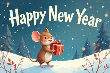 Fototapeta premium A cartoon mouse holding a wrapped gift stands on snow, surrounded by trees and red plants, with Happy New Year text above.