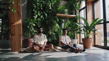 Two businessmen are sitting on the floor in a modern office with a biophilic design, featuring a green wall and abundant natural light, creating a calm and productive work environment