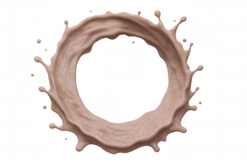 Creamy chocolate milk splashing into circular pattern, transparent backdrop highlighting liquid dynamics and rich, velvety beverage texture