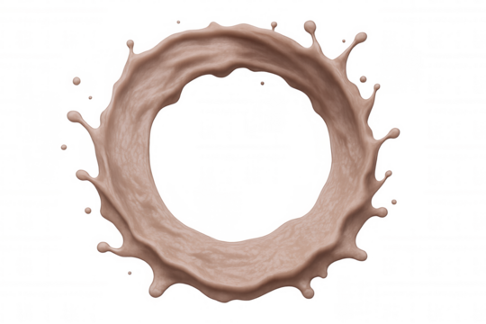 Creamy chocolate milk splashing into circular pattern, transparent backdrop highlighting liquid dynamics and rich, velvety beverage texture