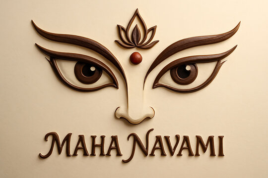 A beautiful 3d illustration of goddess durga eyes and forehead with maha navami text written on a beige background with an artistic touch