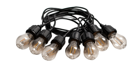 Close Up Of Black String Lights With Edison Style LED Bulbs, PNG