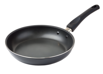 Black nonstick frying pan with a black handle isolated on transparent background, essential for everyday cooking tasks like frying, searing, and sauteing