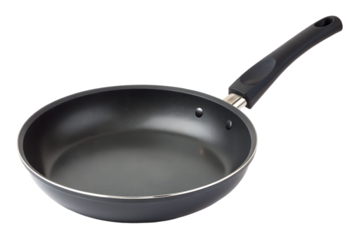 Black nonstick frying pan with a black handle isolated on transparent background, essential for everyday cooking tasks like frying, searing, and sauteing