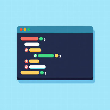 Abstract illustration of a dark code editor window with colorful syntax highlighting.